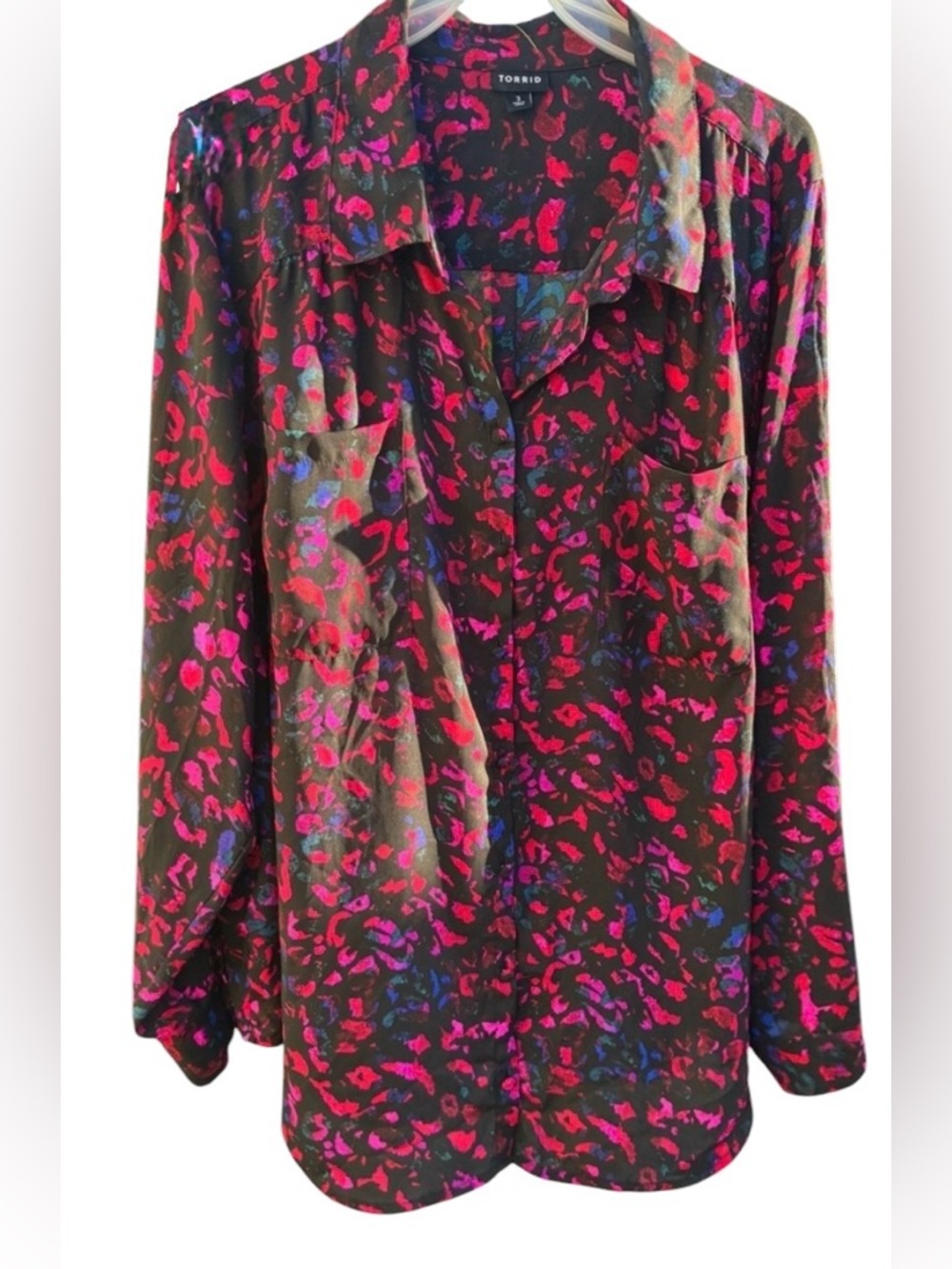 Torrid Black Pink Abstract Button Down Blouse Size 3 3X Long Sleeve